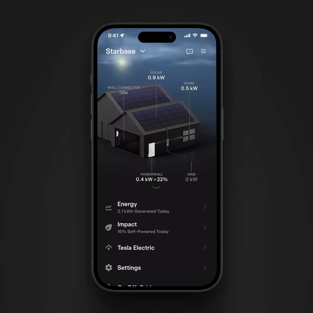 Tesla app showing solar, home and Powerwall energy flow